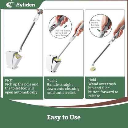 Eyliden Disposable Toilet Brush with Holder, 40-Refill Touch-Free Wand Kit | Pre-Soaked Concentrated Cleaner Sponge, Auto-open Caddy, 19.5" Aluminum Handle, 42 Set Toilet Bowl Cleaing, for Bathroom/RV