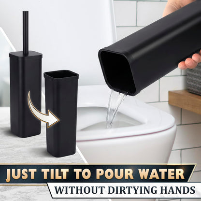Black Toilet Brush and Holder Set - Slim Matte Design that Fits Anywhere - Stainless Steel Toilet Bowl Brush and Holder with 2 Rounded Corners, Replaceable Head, Removable Inner Bowl & Splash Guard