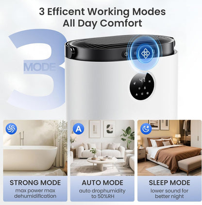 Dehumidifier for Home, Dehumidifiers for Bathroom, Bedroom, Living room, Closet with 68 OZ Water Tank, Moisture Absorbers, Auto Shut Off, Auto Humidity Control, 7 Colors LED Light, White