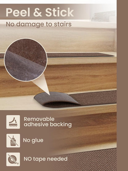 Stair Treads for Wooden Steps Indoor, Peel and Stick Stair Tread,Stair Runners, Non-Slip Carpet Stair-Treads for Kids, Elders & Pets, Machine Washable, Reusable(15PCS,30"x8",Beige)