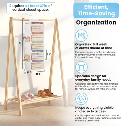 Weekly Clothes Organizer for Kids, 5-Shelf Kid Hanging Closet Organizer w/ 6 Side Pockets, Labeled Weekly Outfit Organizer for Kids, Days of The Week Clothes Organizer Monday Through Friday White