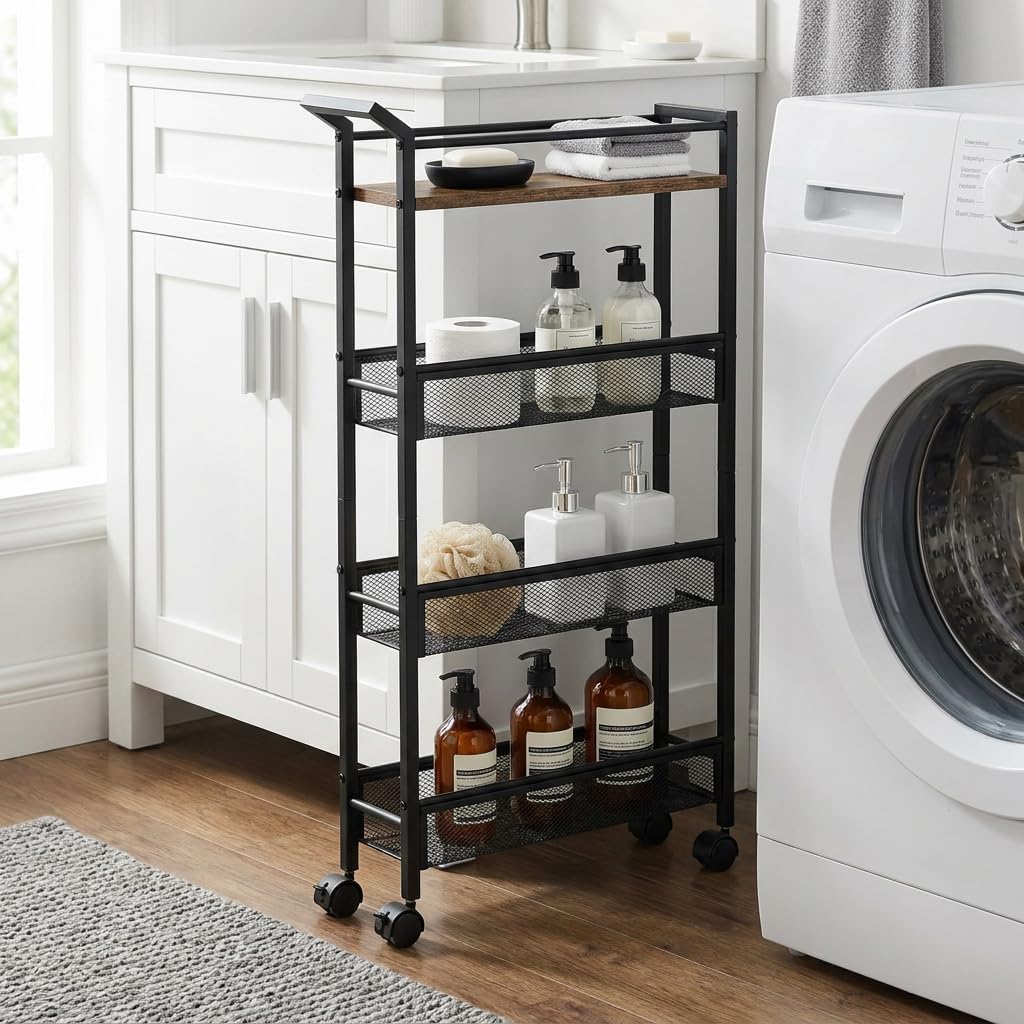 4 Tier Slim Rolling Storage Cart, 5.1 Inch Wide Narrow Storage Cart with Handle, Iron Wood Utility Slide Out Pantry Shelf Organizer for Laundry Room, Bathroom, Kitchen, Small Spaces,White