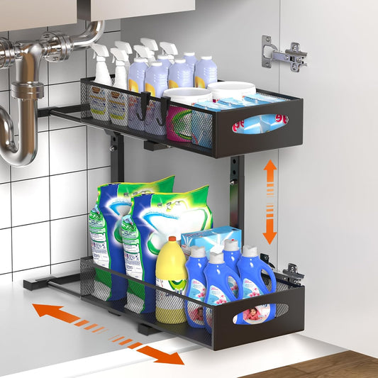 Housolution 2 Pack Under Sink Organizer, 2 Tier Metal Pull Out Under Sink Storage with Sliding Mesh Drawers, Height Adjustable Slide Out Under Sink Organizer for Kitchen Bathroom Cabinet, Black