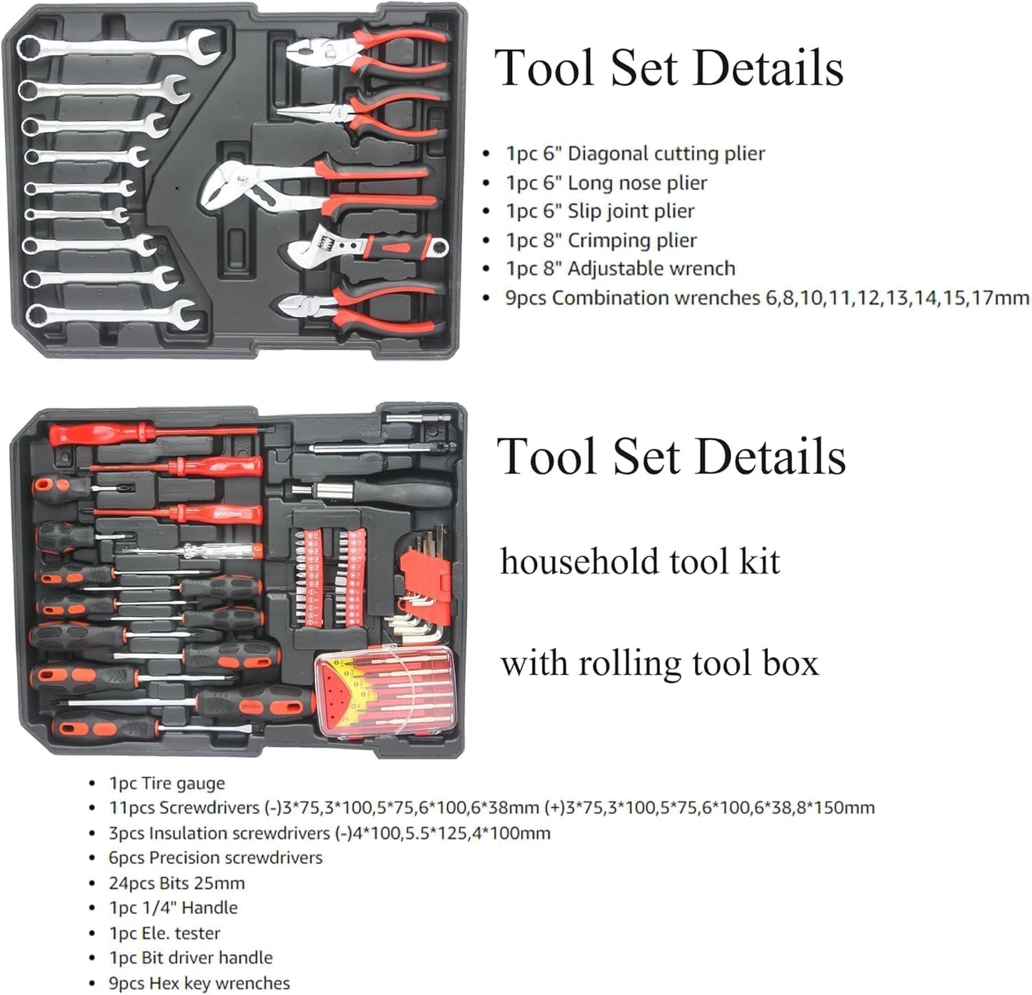 899PCS Tool Set, Household Tool Kit with Rolling Tool Box, Complete Tool Box Set Hand Tool Set with Tool Box, Mechanic Tool Set Rolling Tool Set for Home/Auto Repair Tool Set (Black)