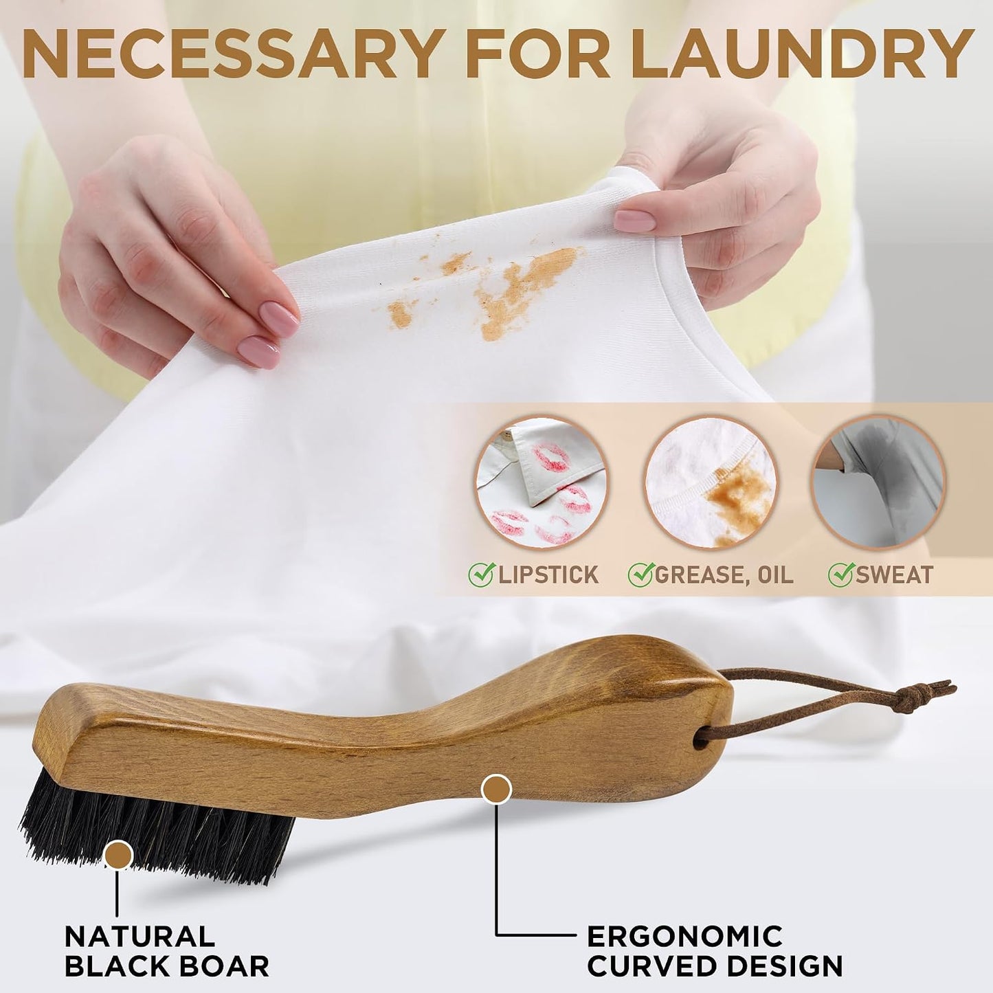 TAKAVU Laundry Stain Brush, Natural Black Boar Bristle, Safe on Delicates | Clothes Cleaning Scrubber, Stain Remover for Shirts, Collars, Cuffs & Shoes, Curved Beech Wood Handle with Hanging Loop