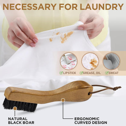 TAKAVU Laundry Stain Brush, Natural Black Boar Bristle, Safe on Delicates | Clothes Cleaning Scrubber, Stain Remover for Shirts, Collars, Cuffs & Shoes, Curved Beech Wood Handle with Hanging Loop