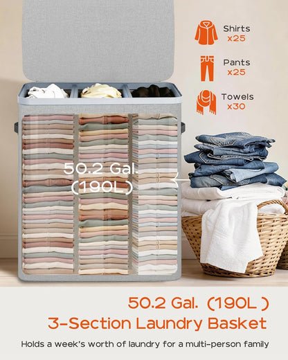 CASAMAYA Laundry Basket with Lid, Laundry Hamper 3 Section, 190L collapsible Laundry Organizer, Easy Assembly, with Handles and Removable Liners, 25.2 x 15.7 x 29.5 Inches, Beige JSP904M