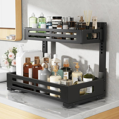 2 Pack Under Sink Organizer,Pull Out Cabinet Organizer with Smooth Cylindrical Rail,Metal Slide Out Drawer for Kitchen Bathroom Laundry Cabinet,8-Level Tool Free Height Adjustable-Black