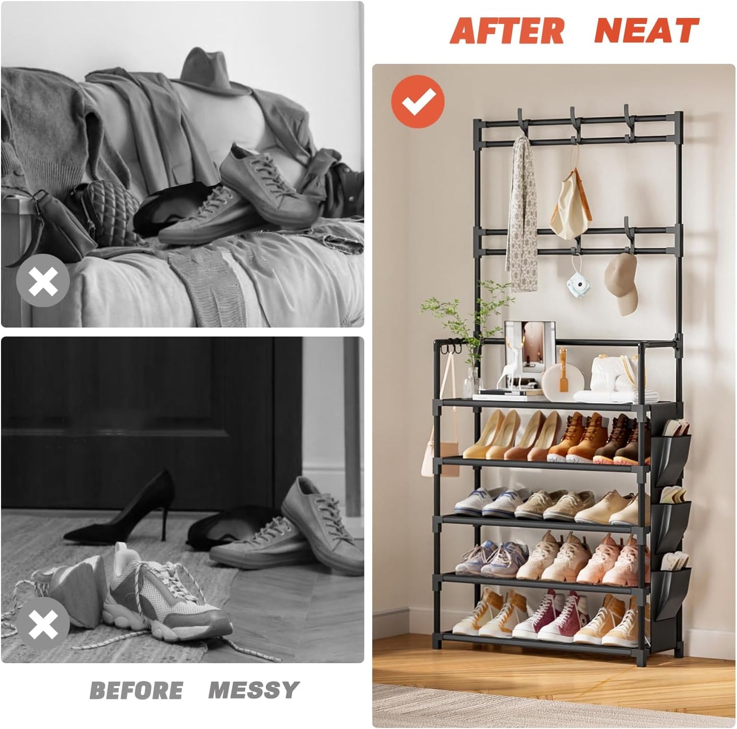 OYREL Shoe Rack 5 Tier Shoe Organizer Storage 15-20 Pairs Shoes Rack for Closet Entrance Shoe Rack Organizer with Hooks and Side Pocket Entryway Shoe Holder Space Saving Free Standing Shoe Racks