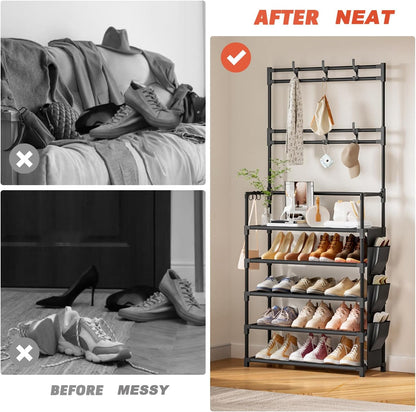 OYREL Shoe Rack 5 Tier Shoe Organizer Storage 15-20 Pairs Shoes Rack for Closet Entrance Shoe Rack Organizer with Hooks and Side Pocket Entryway Shoe Holder Space Saving Free Standing Shoe Racks