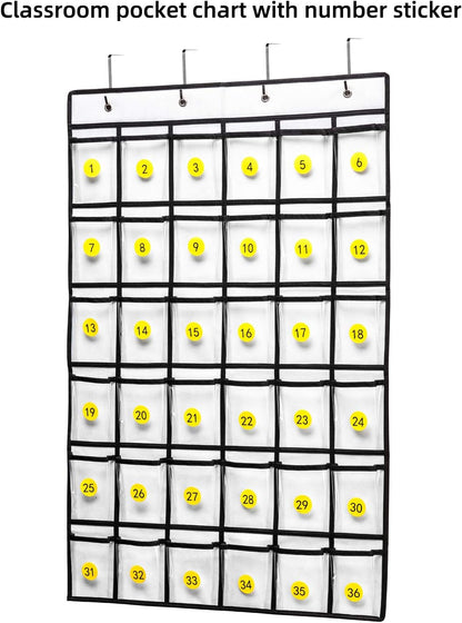 SAVERHO 36 Clear Pockets Classroom Pocket Chart for Cell Phone and Calculator Holder, Door Hanging Pocket Chart for Classroom Phone Holder with Number Sticker and Hooks (Blue)