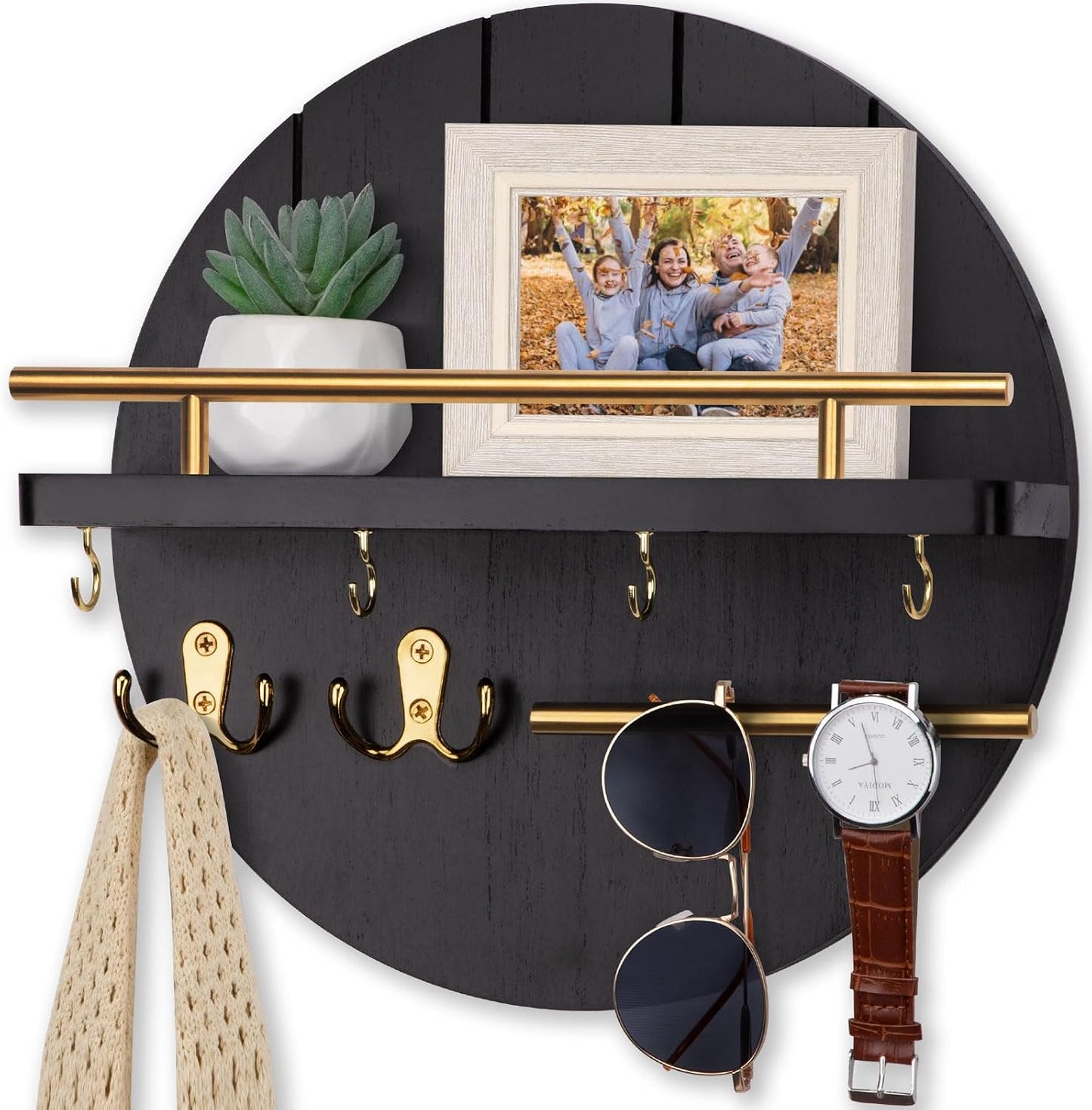 Nekon Key Holder Wall Mount, 11.8 Inch Rack With Shelf and 6 Hooks, Rustic Mail Organizer, Circular Wooden Hanger for Entryway Hallway Kitchen (Brown&Gold)