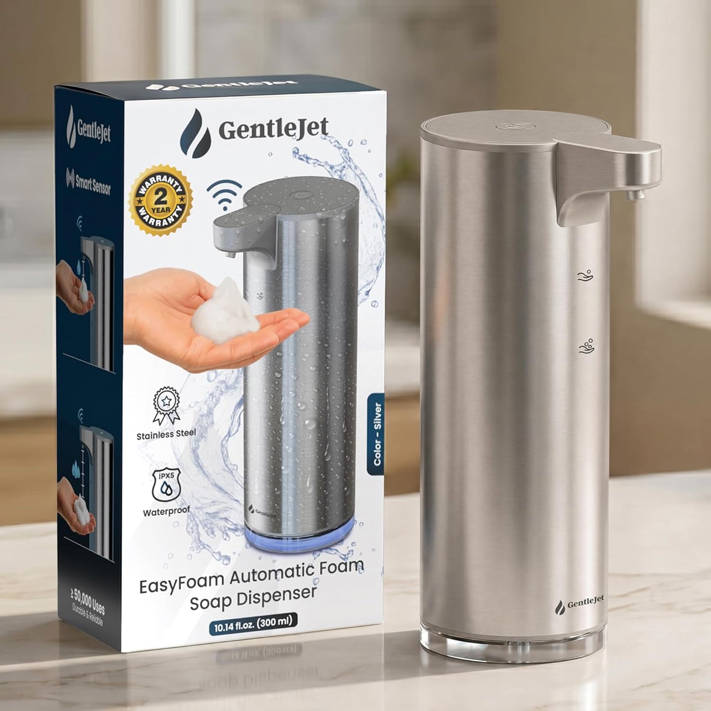 GentleJet EasyFoam Automatic Foaming Soap Dispenser Touchless Sensor, USB-C Rechargeable, 304 Stainless Steel, IPX5 Waterproof for Bathroom Kitchen Sink, 280 ml