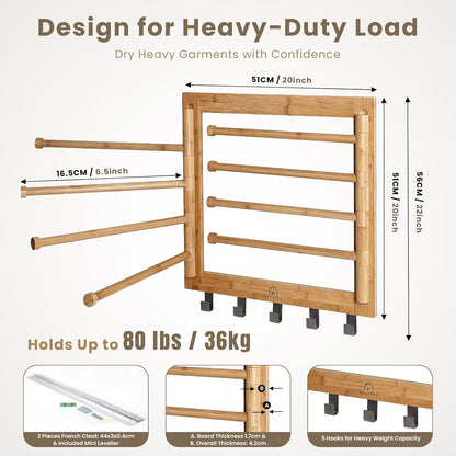 Bamboo Wall Mount Drying Rack for Laundry – Collapsible Foldable Clothes Dryer with 8 Arms & 5 Hooks, Space-Saving Laundry Hanger Dryer Rack, 20 Inch, 80 lb Capacity (Neutral)