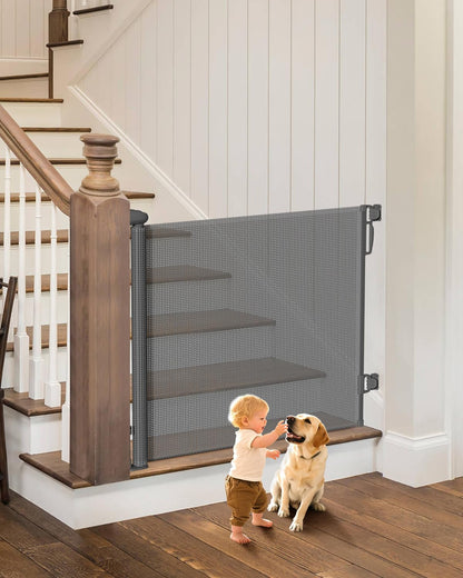 Retractable Baby Gate - 55" Wide Mesh Pet Gate with Anti-Crawling Hook, Safety Lock, One-Hand Operation, 34" Tall Baby Gate for Stairs, Doorways, Hallways, Garage, Indoor Outdoor, Black
