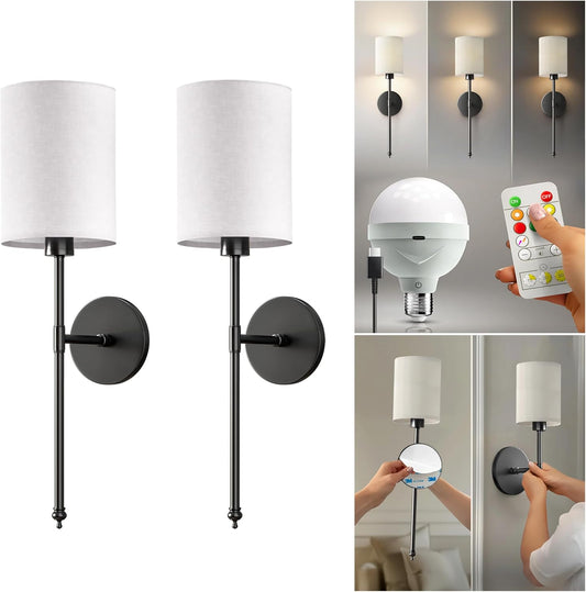 PRIDOLA Set of 2 Wireless Wall Sconces - Stick-On or Screw Mount for Easy Installation with Rechargeable LED Bulbs, Remote Controlled, Adjustable Brightness & Warmth, Vintage Wall Decor (Gold)