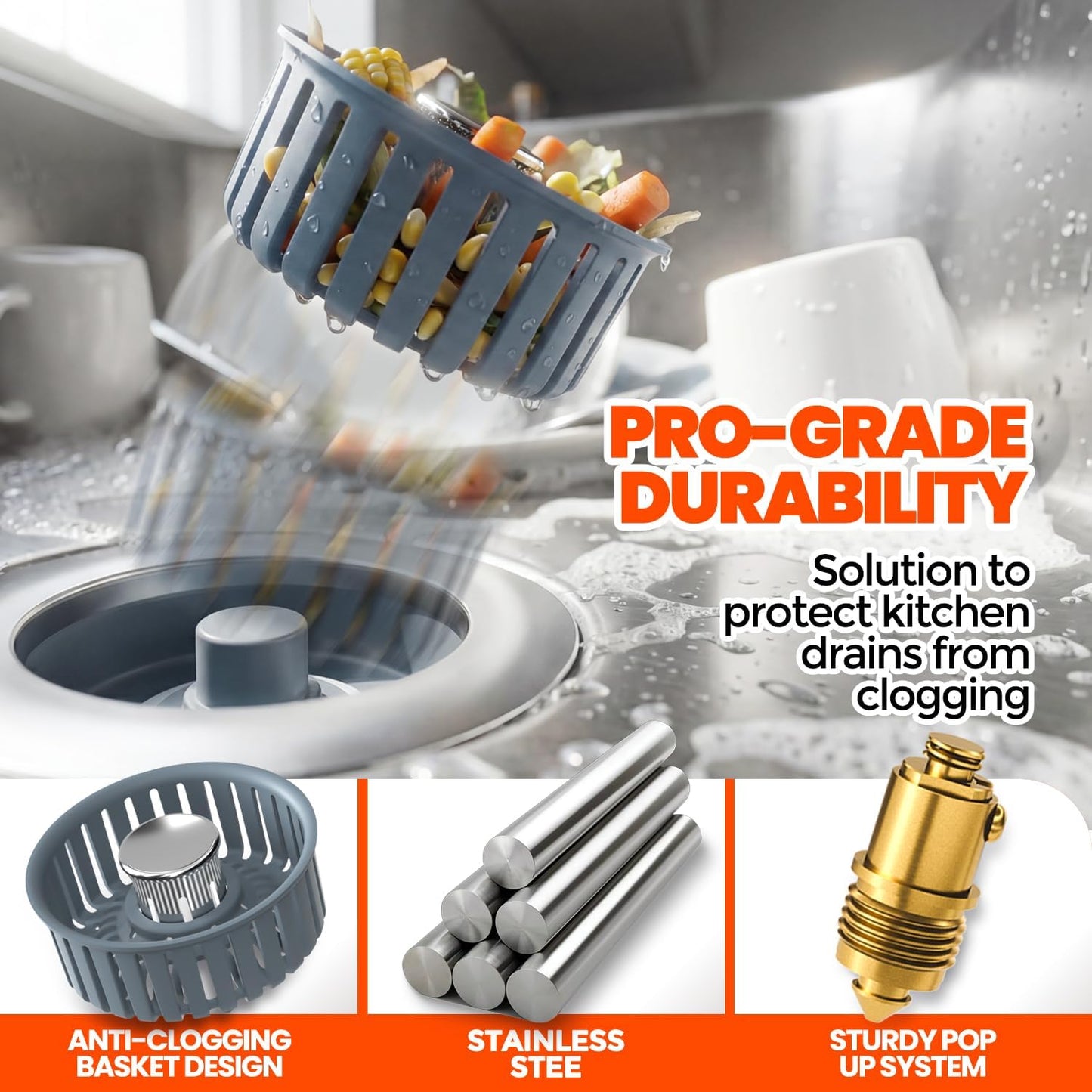 2 Pack Sink Drain Strainer - Sink Stopper, 3 in 1 Stainless Steel Kitchen Drain Plug with Deep Anti-Clog Basket and Odor-Blocking Seal, Pop-Up Design Fits Standard 3-1/2 Inch Sink