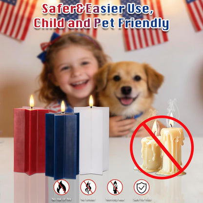 4th of July Flameless Pillar Candles with Remote, Patriotic Red White and Blue Battery Operated Star Shaped LED Pillar Candle Set of 3, Independence Day Decorations for Home Party Table Fireplace