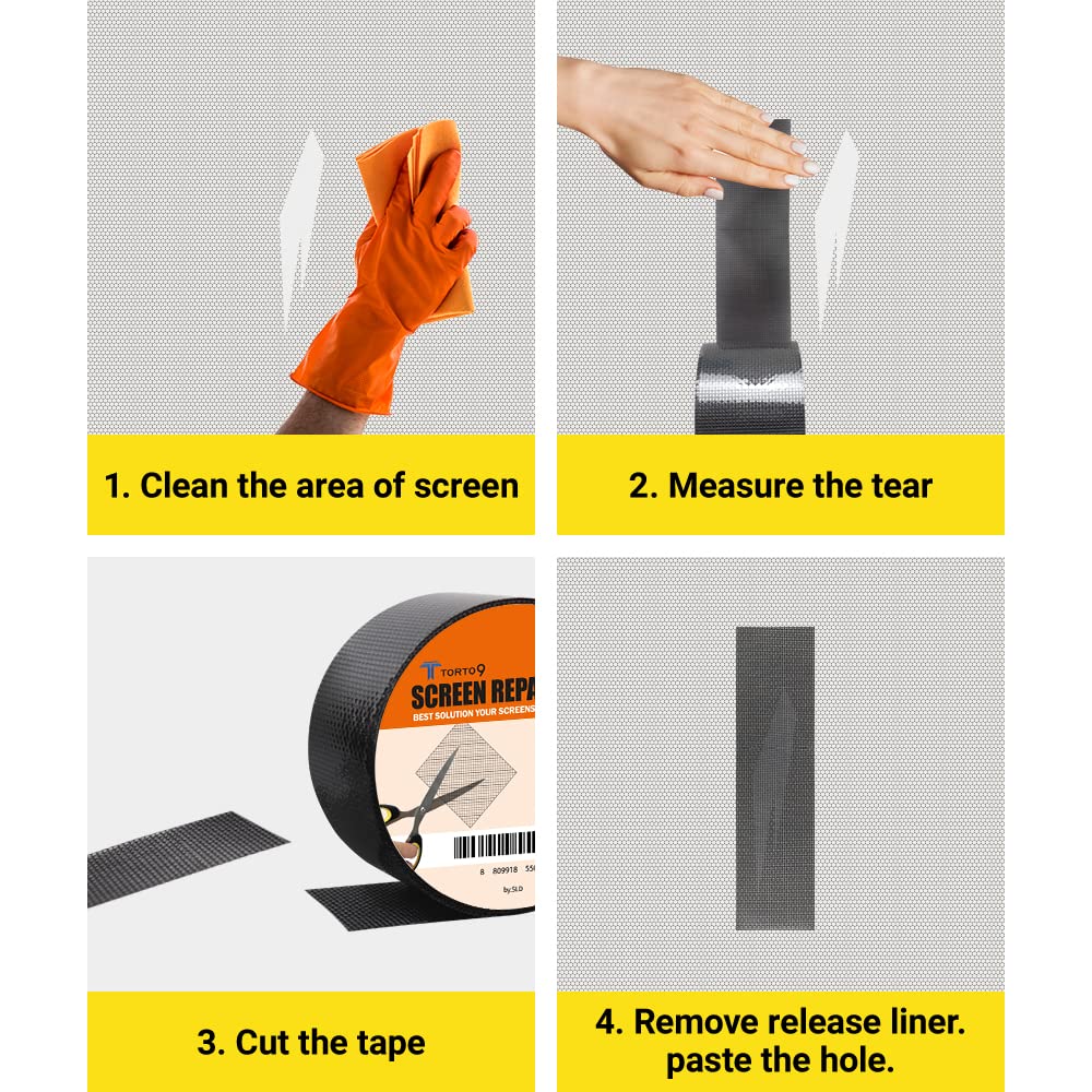 TORTO9 Window Screen Repair Kit, 3-Layer Strong Adhesive & Waterproof Tape Fiberglass Covering mesh (Black, 2 Inch x 6.5 FT)