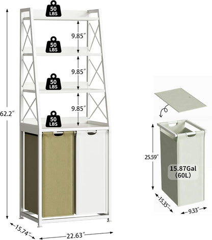 Herture Laundry Basket, 3 Section Laundry Hamper with 4 Tiers Shelf, Pull-Out and Removable Laundry Bags, Large 3 x 15.87 Gallons, for Laundry Room Bathroom Rustic Brown PF05XLN