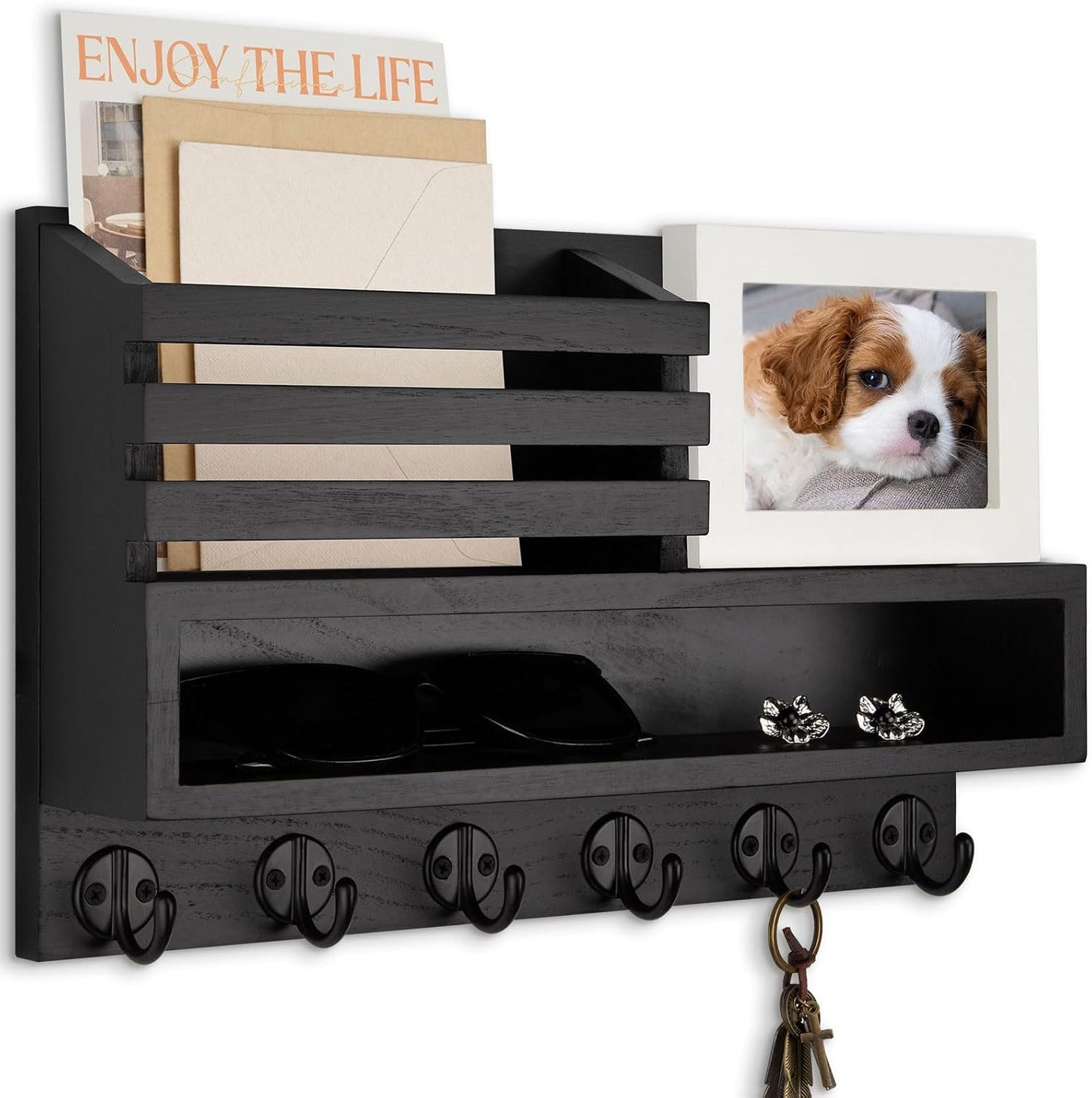 Key and Mail Holder Wall Mount, Key Hanger with Long Storage Box and 5 Hooks for Coat, Dog Leash, Home Decor Rack, House Accessories, Entry Way Organizer 11.8”W x 7.8”H x 3.2”D