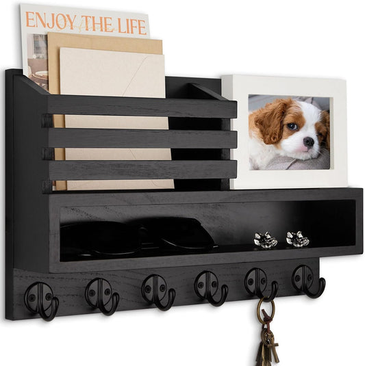 Key and Mail Holder Wall Mount, Key Hanger with Long Storage Box and 5 Hooks for Coat, Dog Leash, Home Decor Rack, House Accessories, Entry Way Organizer 11.8”W x 7.8”H x 3.2”D