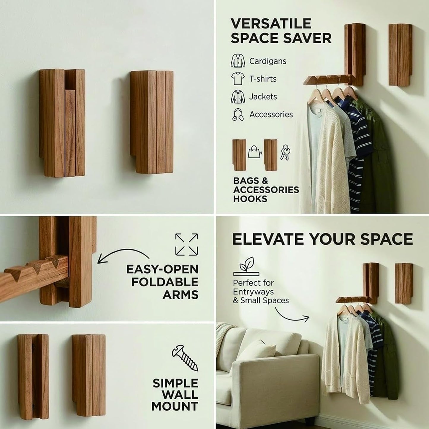 Wall Mounted Drying Rack, Wooden Foldable Clothes Drying Rack for Bathroom, Laundry Room, and Closet, Space Saving Organizer (1PCS)