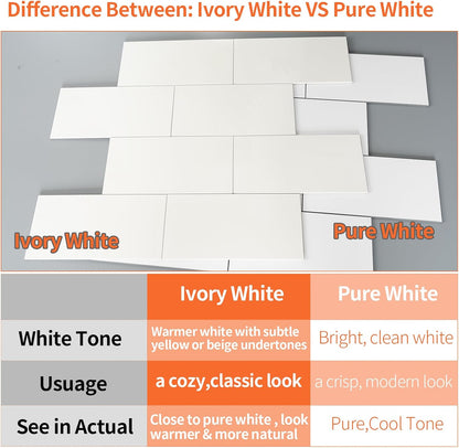 10- Sheet Polished White Peel and Stick Backsplash, 12’’Luxury PVC Ceramic Look Self Stick Subway Tiles, Waterproof Peel and Stick Wall Tiles for Kitchen and Bathrrom