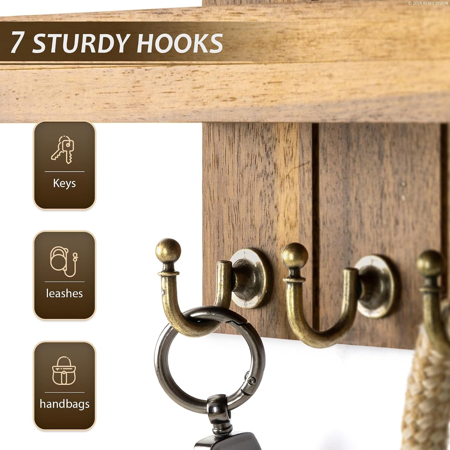 Rebee Vision Decorative Key Holder Wall Mount - Rustic Key Holder for Wall with Shelf and Mail Organizer for Living Room Decor - Home Essentials for Home Improvement (Brown, 3.54" x 10" x 7.28")
