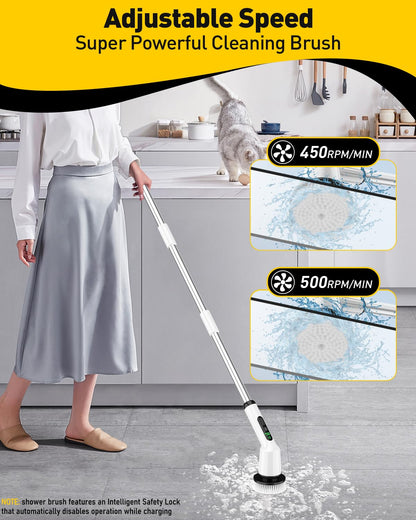 Shower Scrubber with Long Handle, Shower Cleaner Brush with 8 Floor Machine Pads, Cordless Electric Spin Scrubber for Cleaning with 2 Speed, Cleaning Supplies for Bathroom Bathtub Kitchen Floor Tile