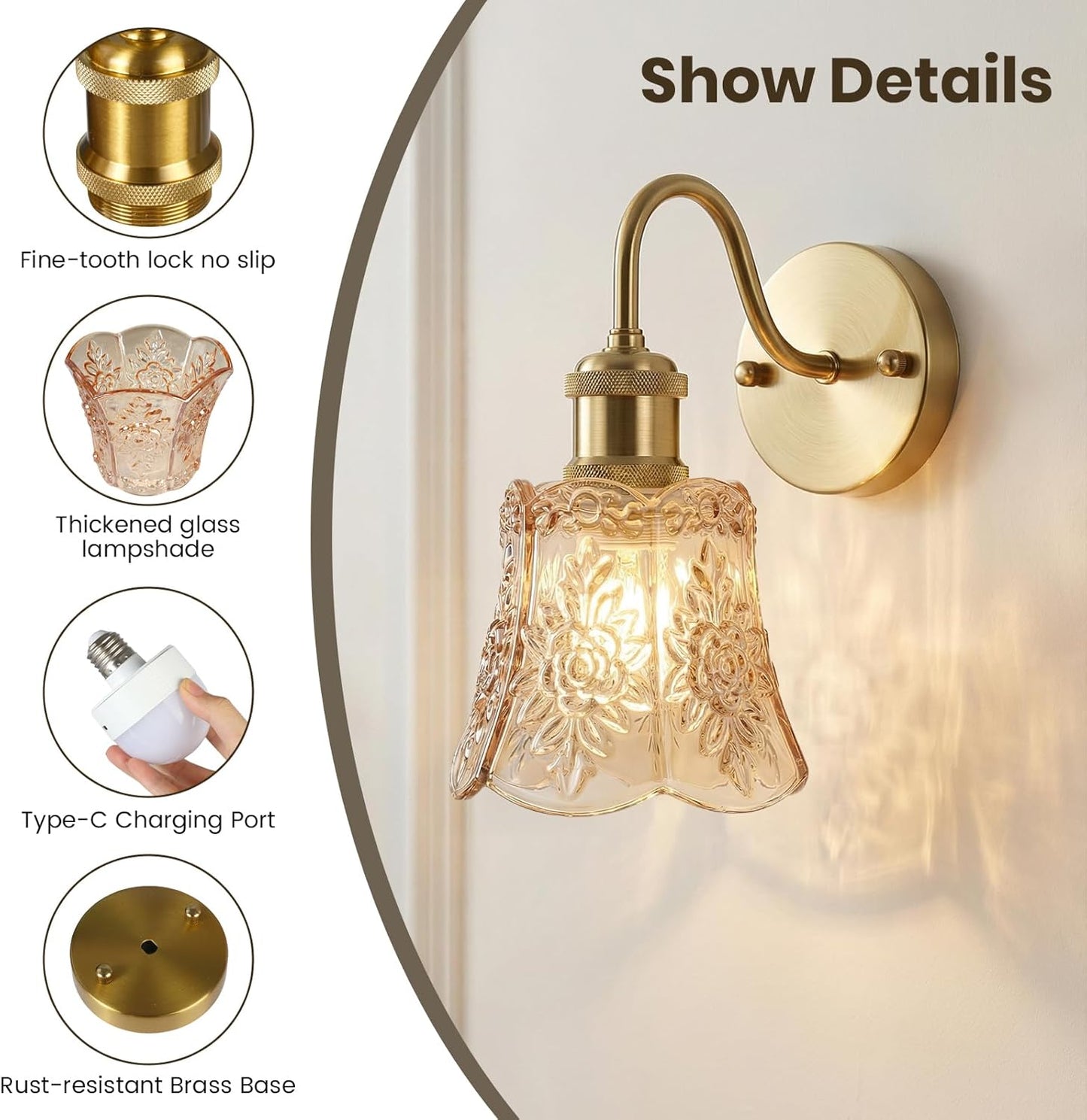 YUNICE Rechargeable Wall Sconces Set of 2 Battery Operated Wall Sconce with Remote Control Dimmable Cordless Wall Lamp with Amber Glass Lampshade Antique Brass Wall Lights for Bedroom Living Room