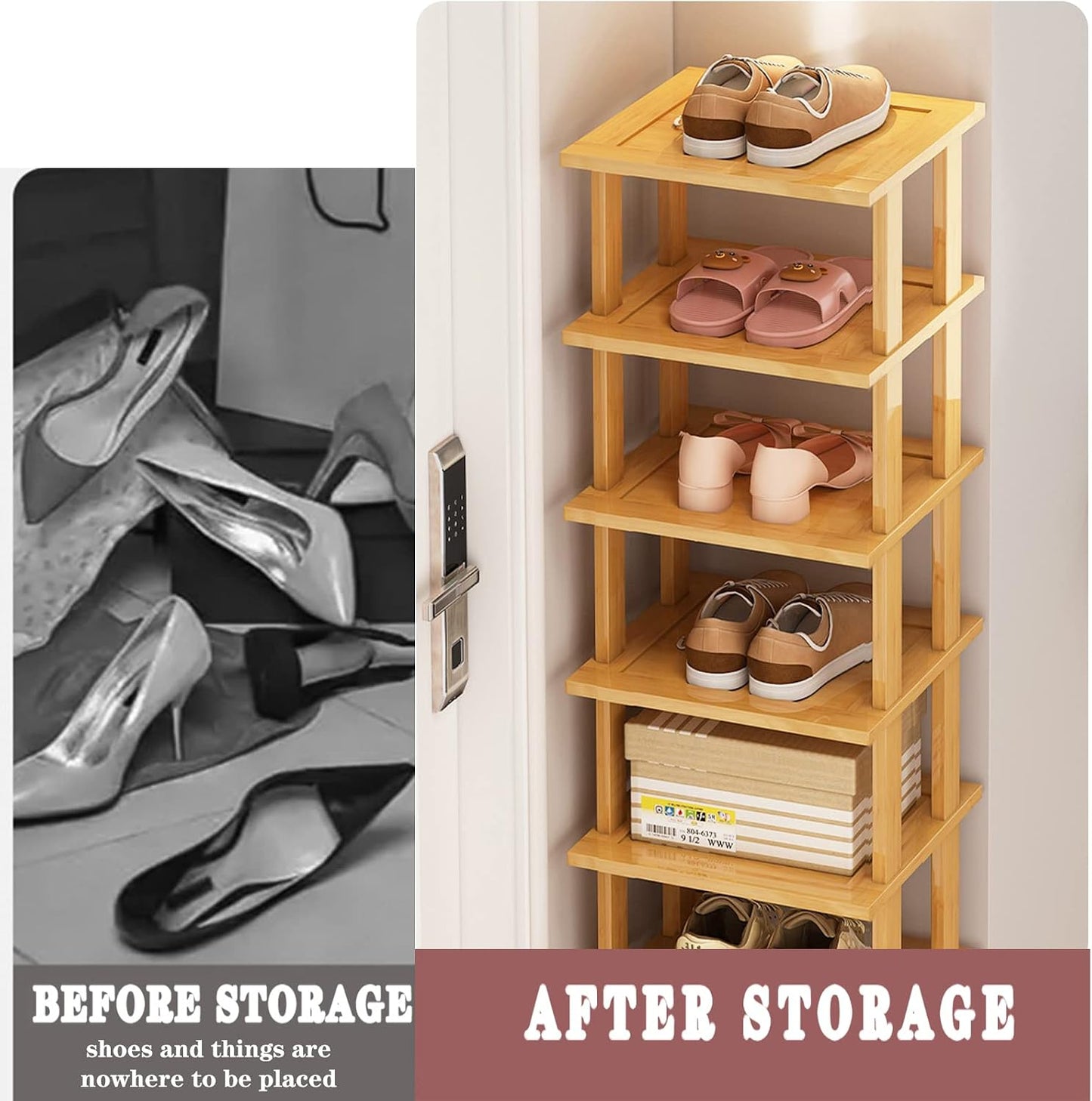 SAN HE 7-Tier Modern Bamboo Shoe Rack - Vertical, Slim, Space-Saving Shoe Organizer for Small Spaces, Closet, Entryway, Corner, Garage, Bedroom