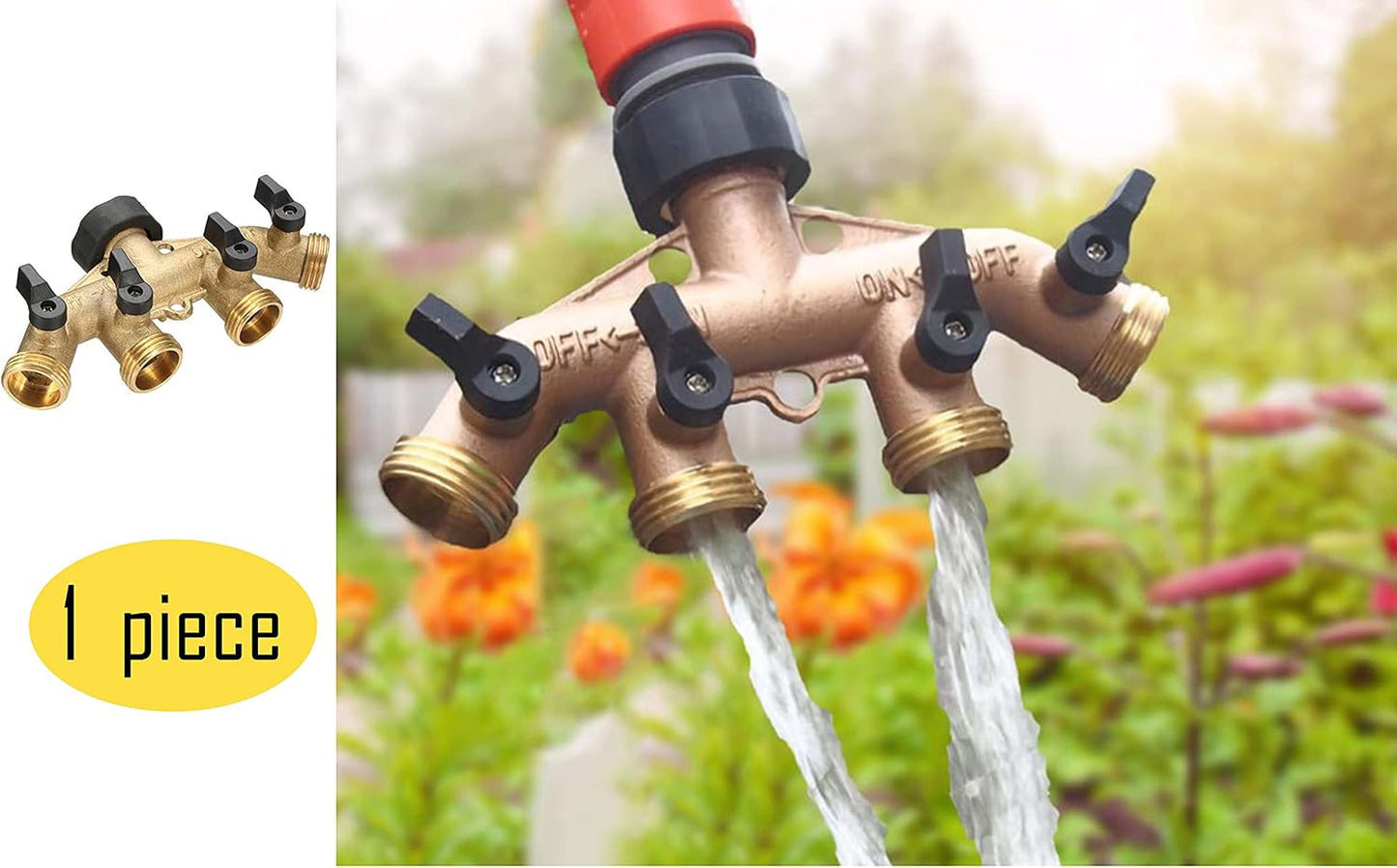LBY 4 Way Brass Hose Splitter, 3/4" Hose Faucet Manifold, Garden Hose Connector, Tap Splitter, Solid Brass (Golden Yellow)
