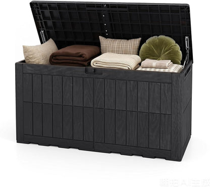 Tangkula 25 Gallon Waterproof Outdoor Storage Box with Lockable Lid | PP Resin, Wicker Patterned, Indoor Outdoor Use, Portable, Versatility, for Deck, Pool, Patio Cushions, Garden Tools