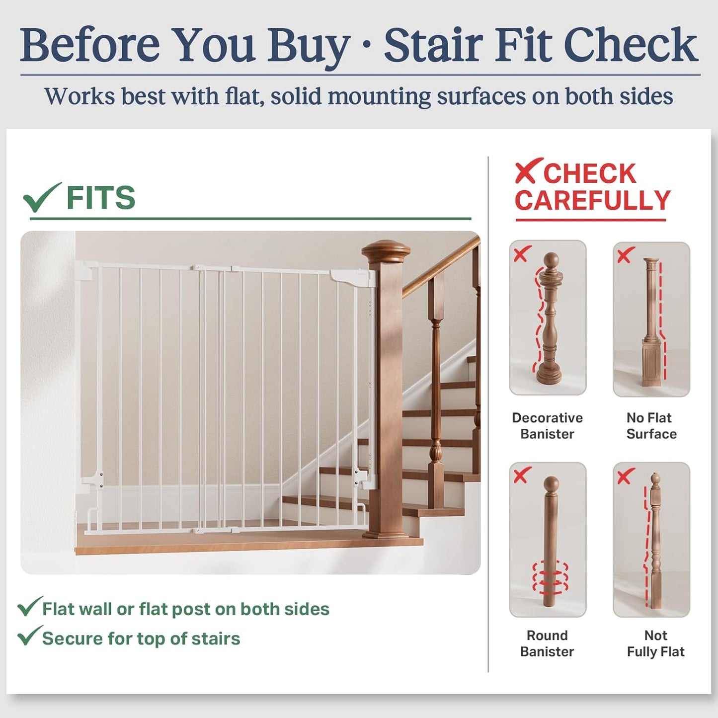 Cumbor 29.2–43" Baby Gate for Stairs, Hardware Mounted (Drill Required), Expandable No Bottom Bar Dog Gate, Auto Close Extra Wide Walk Thru, Pet & Toddler Proof Gate, Top & Bottom of Stairways (White)