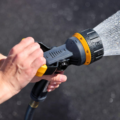Melnor 65020-AMZ Metal Multi-Pattern Hose Nozzle with Rear Trigger Grip, 7 Spray Patterns, Heavy-Duty Metal Construction, Quick Connect Adapter, Black, Orange