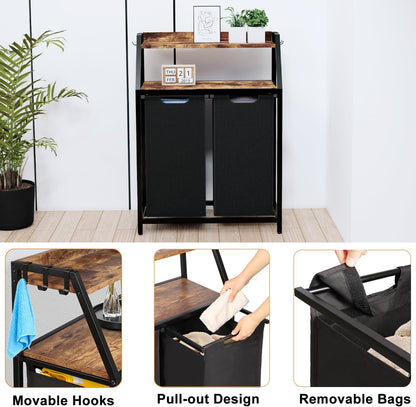 Timberer Laundry Hamper, Laundry Sorter 3 Section, Rolling Laundry Basket with Wheels, 2 Shelves, 3 × 14.5 Gal, Pull-Out and Removable Oxford Fabric Bags, for Laundry Room, Black and Rustic Brown