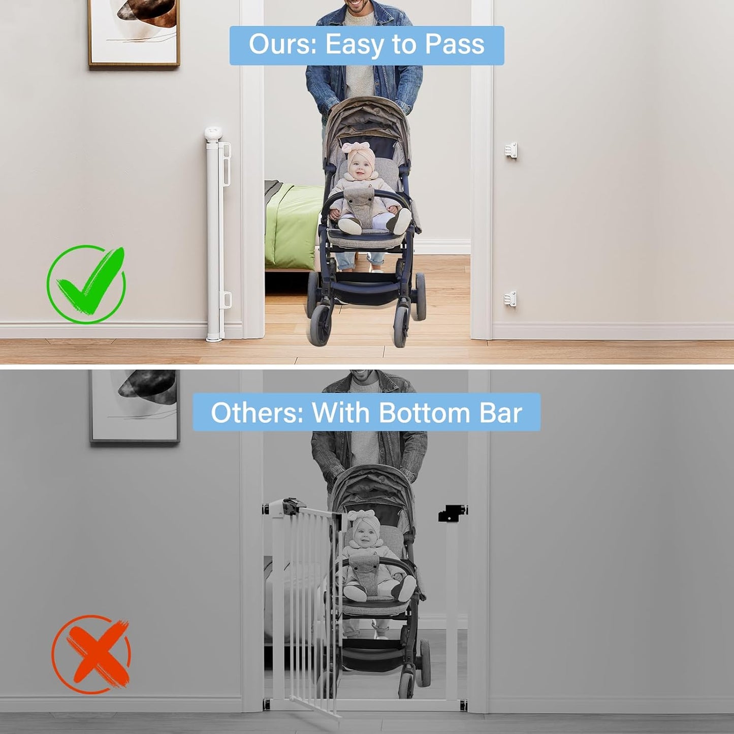 probebi Retractable Baby, Child & Dog Gates for Stairs, Extends to 54" Wide 34" Tall, Use for Outdoor, Indoor, Hallways, Doorways, Deck, Porch, Black