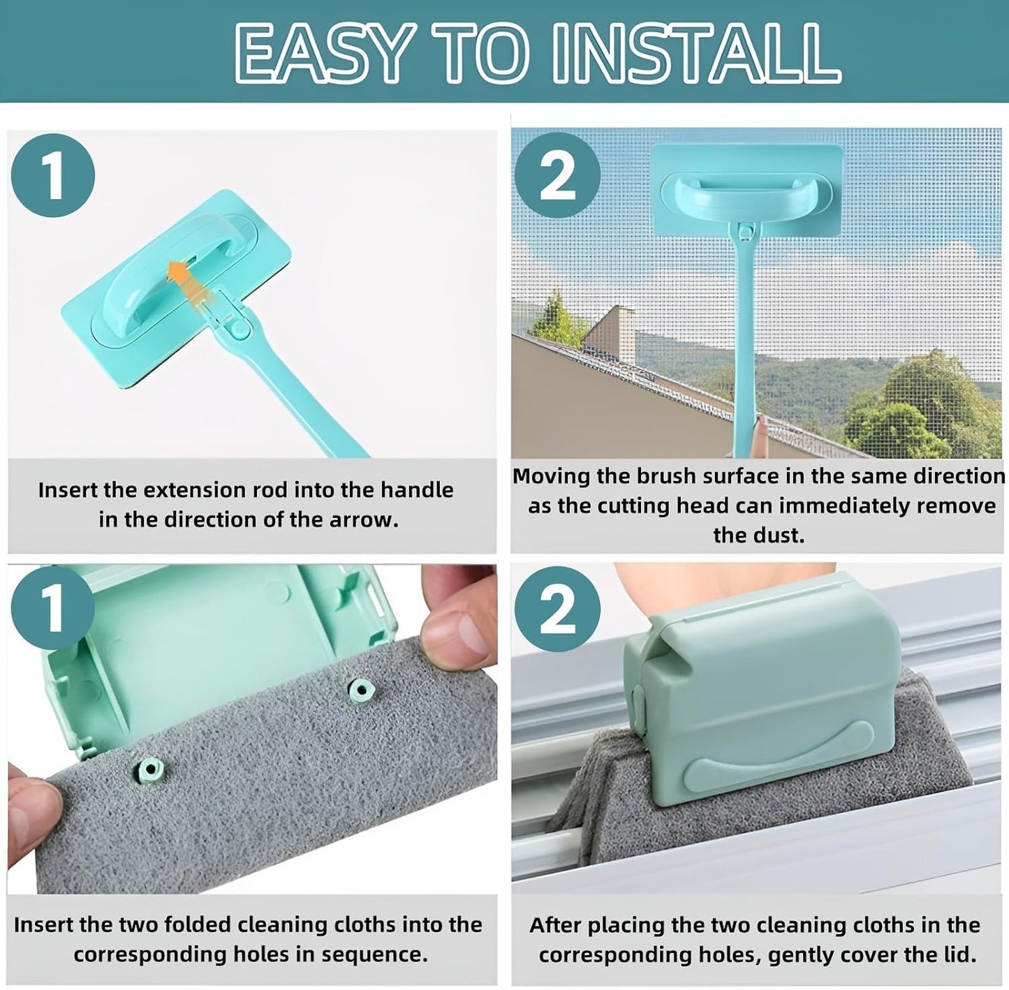 Window Cleaner Kit for Screen & Groove - Mesh Screen Cleaning Brush + 3 Magic Window Track Cleaning Brushes & 6 Replaceable Cleaning Cloths – 14.8″ Detachable Long Handle, Wet & Dry Dual Use