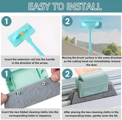 Window Cleaner Kit for Screen & Groove - Mesh Screen Cleaning Brush + 3 Magic Window Track Cleaning Brushes & 6 Replaceable Cleaning Cloths – 14.8″ Detachable Long Handle, Wet & Dry Dual Use