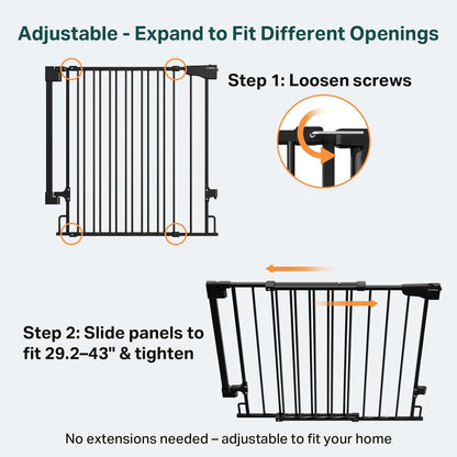 Cumbor 29.2–43" Baby Gate for Stairs, Hardware Mounted (Drill Required), Expandable No Bottom Bar Dog Gate, Auto Close Extra Wide Walk Thru, Pet & Toddler Proof Gate, Top & Bottom of Stairways (White)