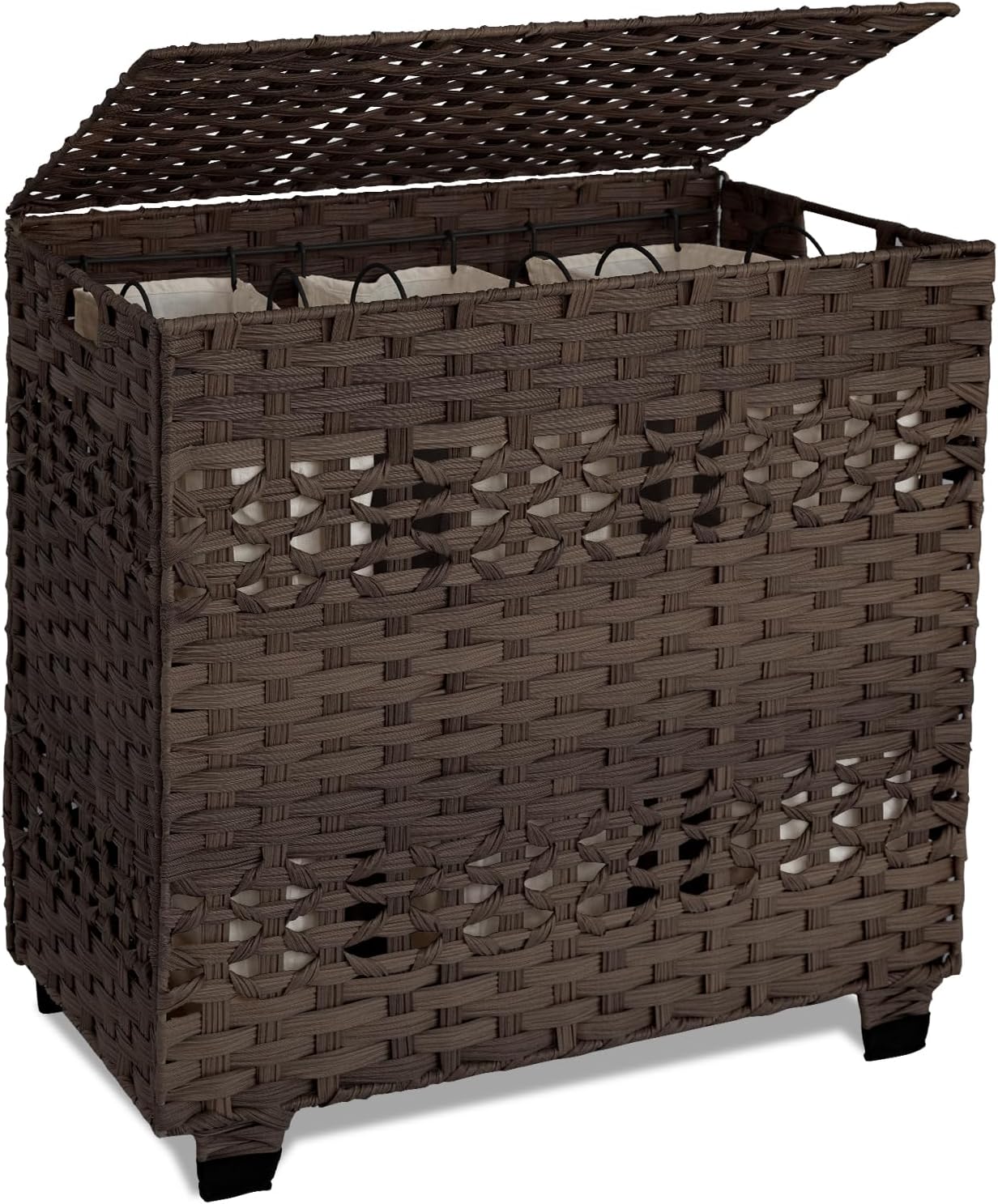 OIAHOMY Laundry Hamper with Lid, 140L Clothes Hamper with 3 Removable Liner Bags, Foldable Basket with Lid, Synthetic Wicker Laundry Basket for Bedroom, 27x 13 x 26 Inches, Yellow
