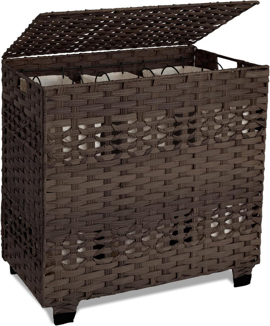 OIAHOMY Laundry Hamper with Lid, 140L Clothes Hamper with 3 Removable Liner Bags, Foldable Basket with Lid, Synthetic Wicker Laundry Basket for Bedroom, 27x 13 x 26 Inches, Yellow