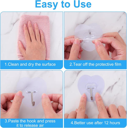 40 PCS Adhesive Wall Hooks Heavy Duty Adhesive Wall Hooks Utility Waterproof Towel Coat Hook Transparent Self-Adhesive Sticky Hook for Hanging Bathroom Shower Kitchen Keys Door Outdoor Home