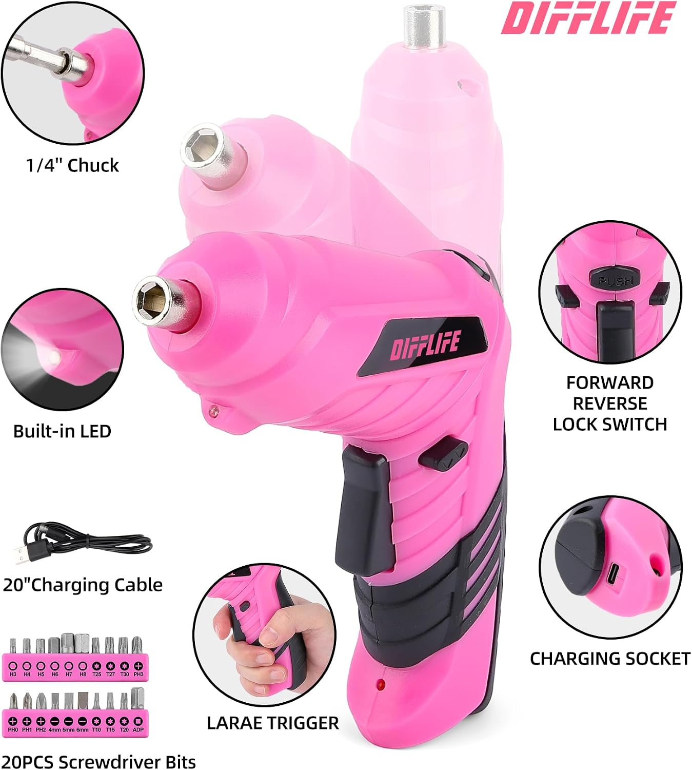 Pink Tool Set for Women, 126-Piece Lady's Power Screwdriver Cordless Rechargeable Set Home Repairing Tool Set with 13-Inch Wide Mouth Open Storage 126PCS 3.6V Electric Screwdriver Tool Bag