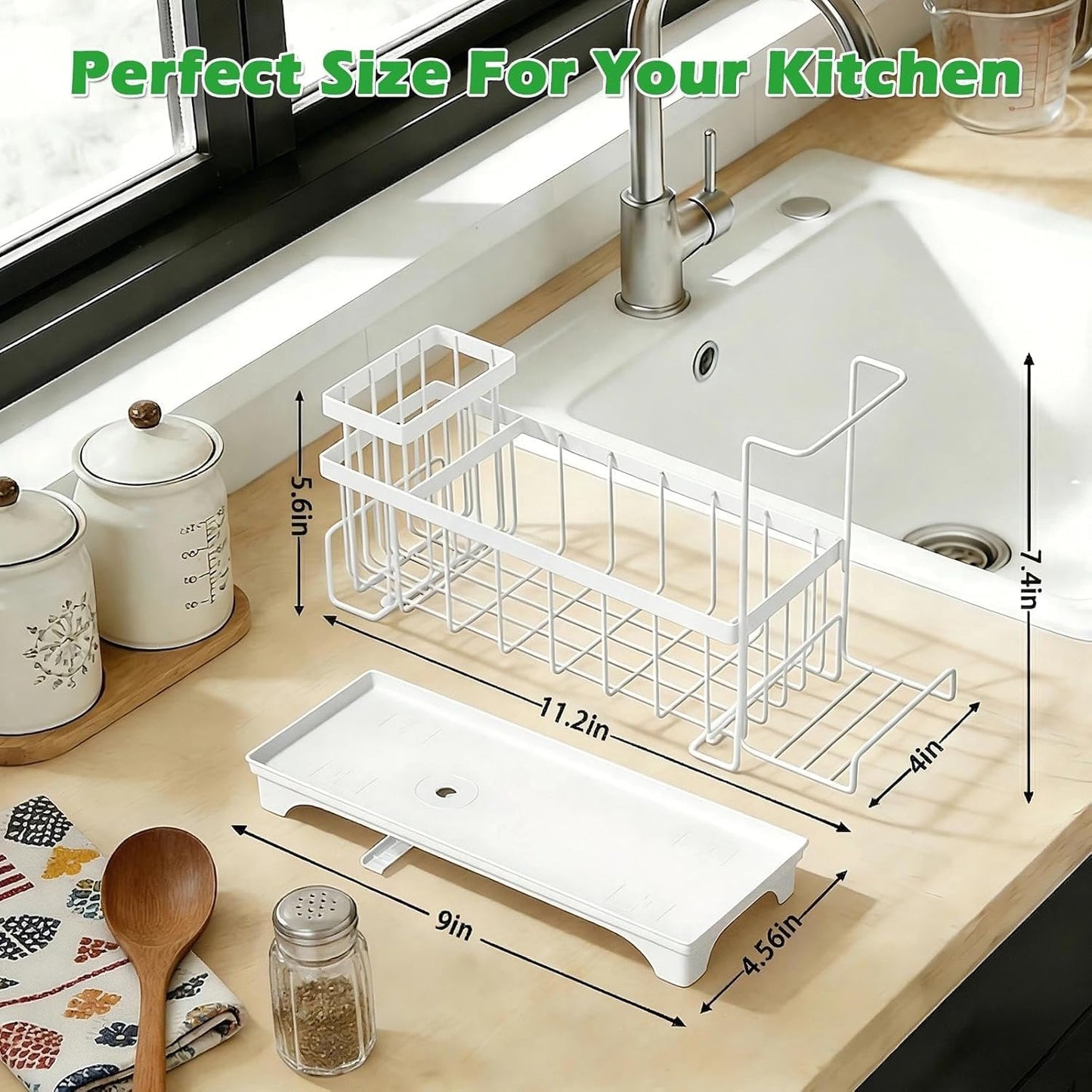 Sponge Holder for Kitchen Sink, Sink Caddy Organizer with Detachable Cloth & Brush Holder, Self-Draining Sponge Caddy Organizer with 360° Rotatable Spout, Kitchen Countertop Storage Accessories(Black)