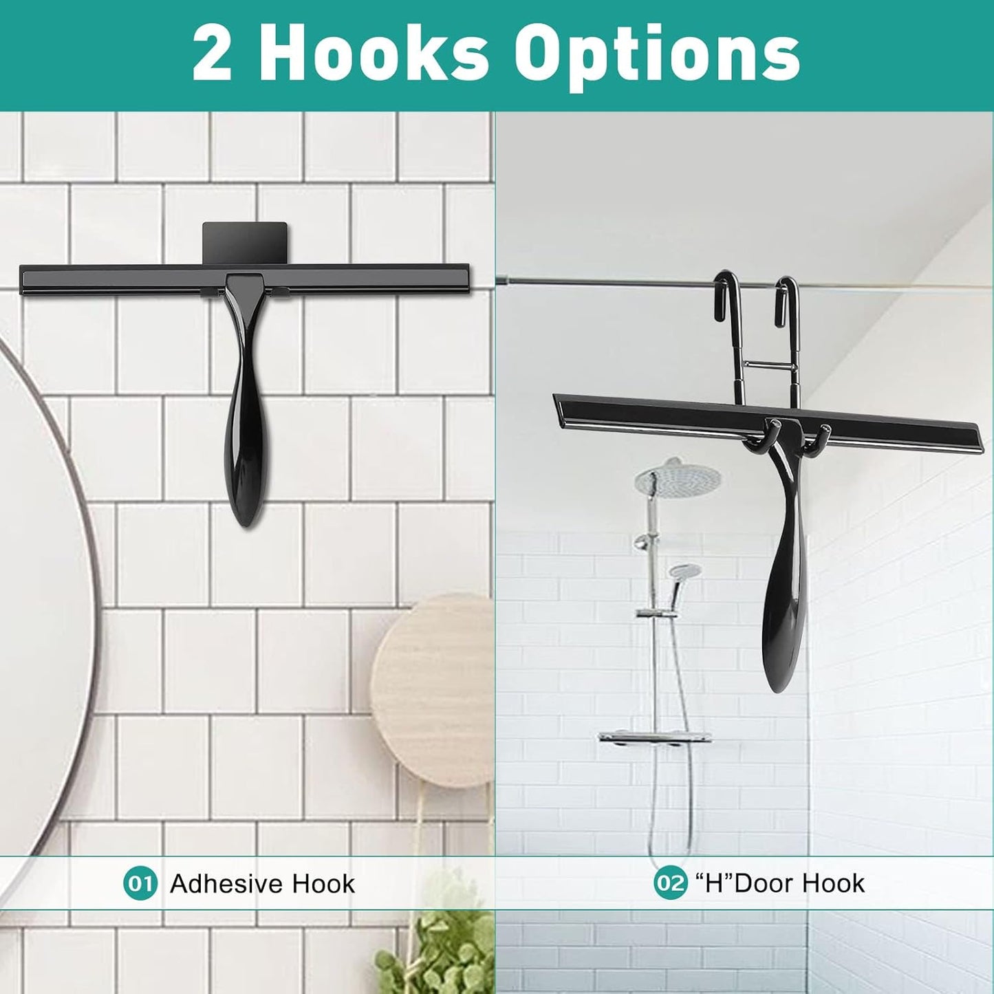 Shower Squeegee for Glass Doors,14-Inch Shower Glass Squeegee, Sliver Shower Squeegee for Shower Doors,Mirror,Windows, with Shower Door Hook and Adhesive Hook