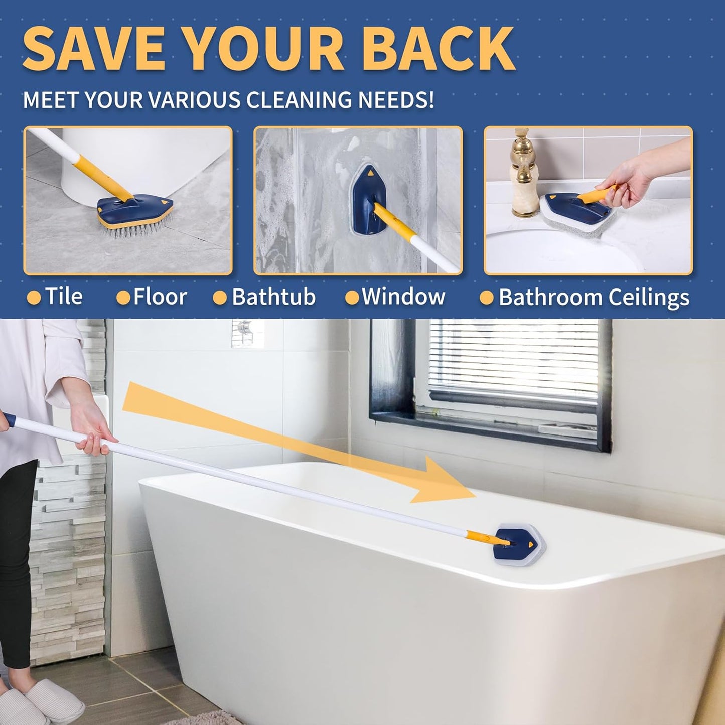BOOMJOY Tub Cleaner Brush with Long Handle, 55" Extendable Tub Scrubber with Locking Head, No Scratch Shower Cleaning Brush for Bathtub, Bathroom Ceilings, Toilet, Kitchen, Tile, Sink