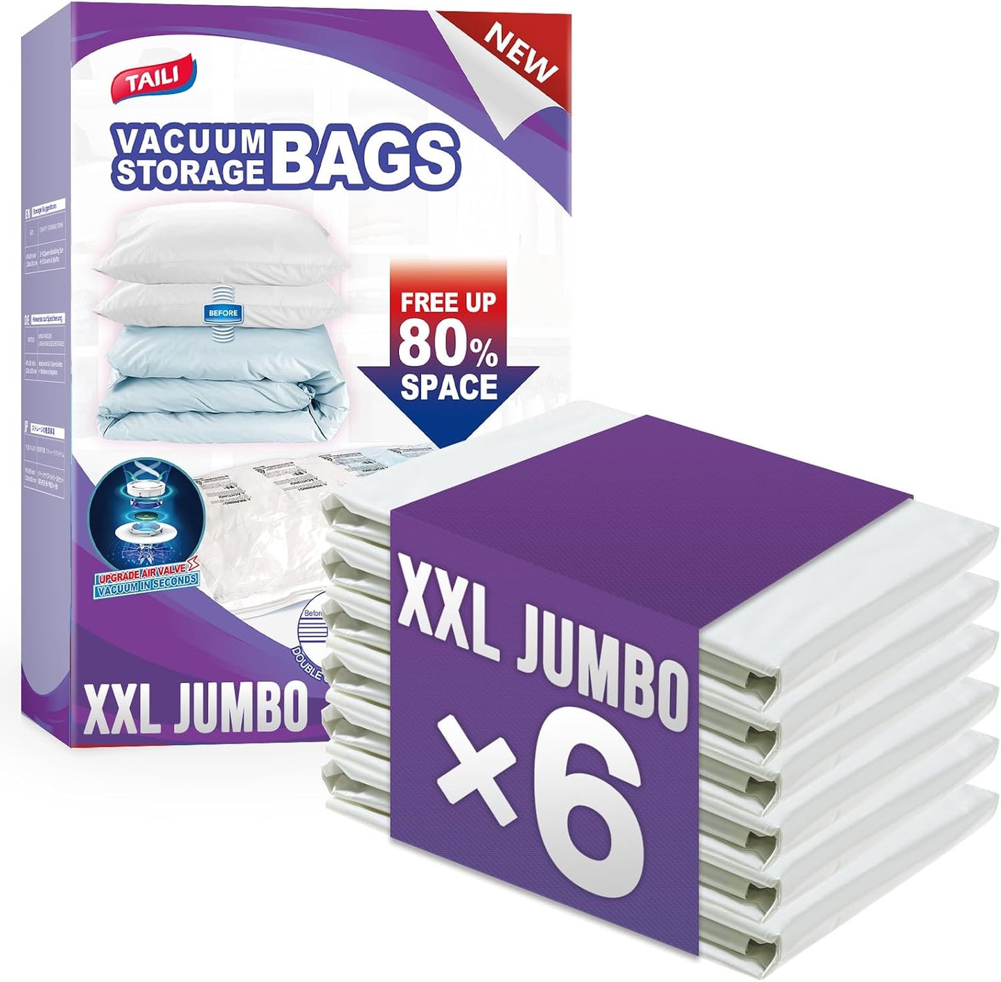TAILI 8 Pack Vacuum Storage Bags, Jumbo Size (31×40 inch), Vacuum Seal Bags for Clothing, Bulky Bedding, Comforter, Blankets, Pillows, Space Saver Packing