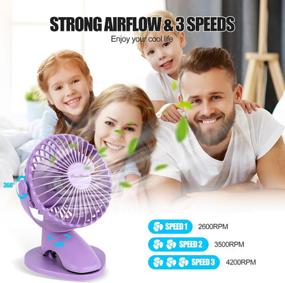 Portable Clip Fan Battery Operated,3 Speeds USB Rechargeable Mini Table Fan with Strong Airflow,360°Rotation Ultra Quiet Personal Desk Fan for Home Office Bedroom Dorm Stroller Camping(White)